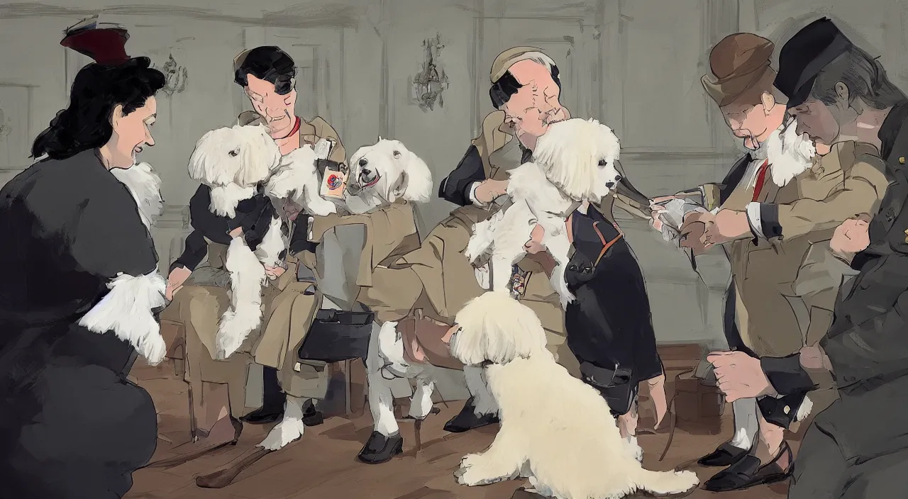 Image similar to queen of england placing the victoria cross around the neck of a cream - colored havanese dog, england, 1 9 0 0, tartakovsky, atey ghailan, goro fujita, studio ghibli, rim light, happy, warm lighting, clear focus, very coherent