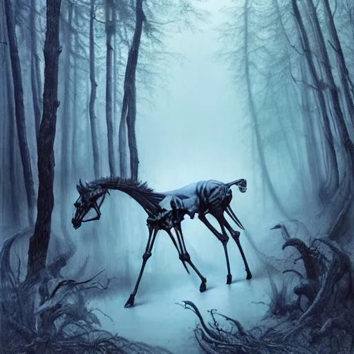 Image similar to a skeletal centaur in a magical forest, Zdzisław Beksiński style. Very detailed 8k