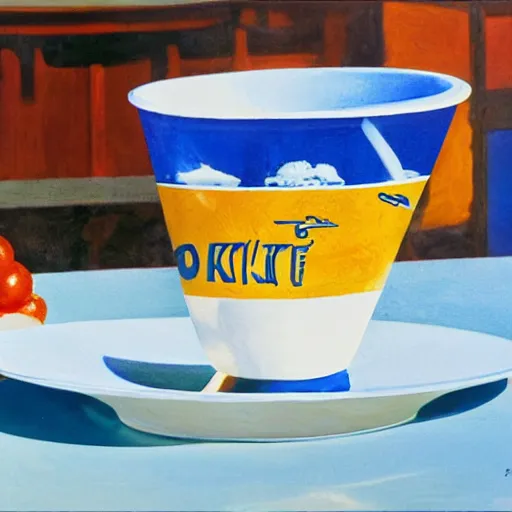 Image similar to cup of yogurt on table foreground, intricate detail, 8k optane render, background has a blue sky, optimistic colors, background by Robert McCall, solarpunk