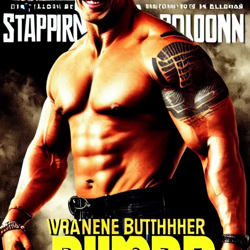 Prompt: dwayne the rock johnson eating a burherGTA V cover art by stephen bliss