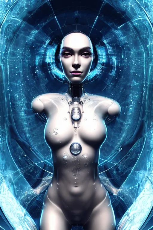 Image similar to a centered render of an alluring futuristic goddess with slight cyborg modifications surrounded by a underwater ink pour and flowing liquid gallium and sacred geometry, perfect body and face, powerful, cinematic, beautifully lit, by artgerm, by karol bak, 3 d, trending on artstation, octane render, 8 k