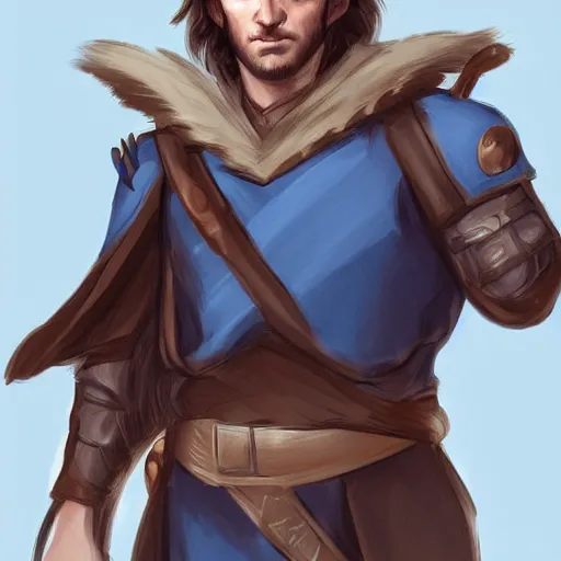 Image similar to a young man with shoulder length brown hair, with a scar on his forehead. blue uniform. serious expression, handsome, rugged, kaladin stormblessed, way of kings, artgerm, portrait, sketch, rpg, dnd