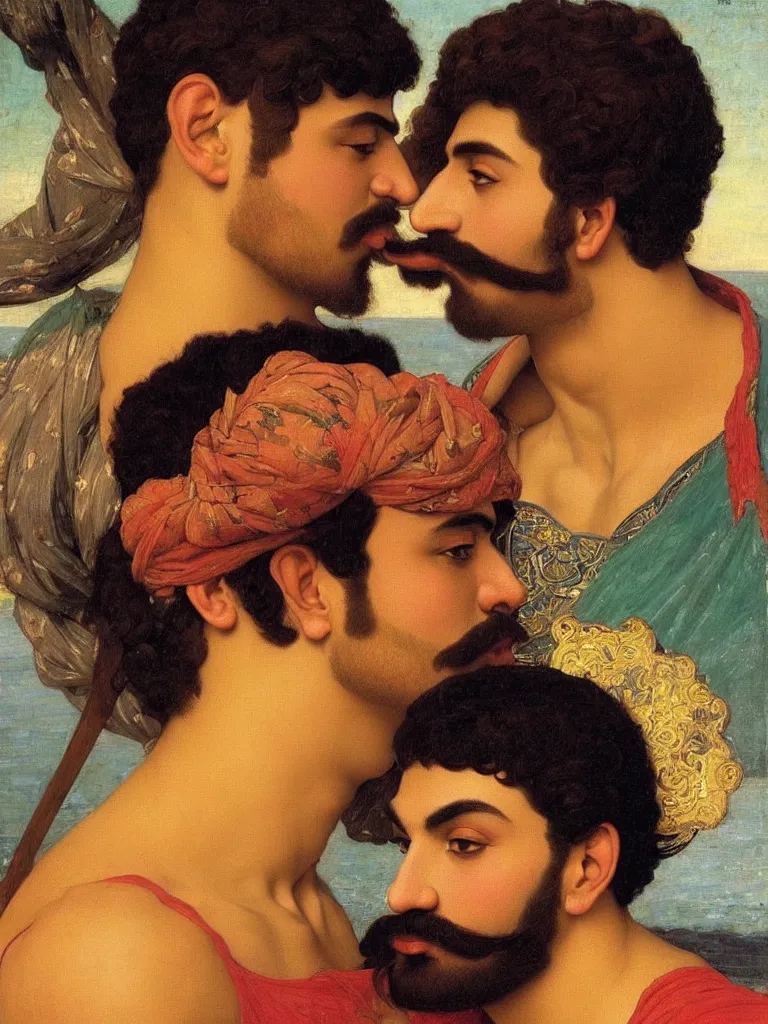 Image similar to close up portrait of 20 years old muscular persian iranian wrestlers handsome men with a mustache kiss, victor Nizovtsev, Botticelli, bouguereau