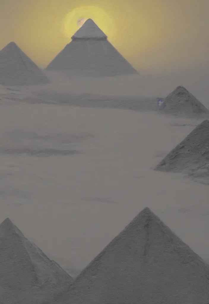 Prompt: the pyramids of egypt covered in snow, oil on canvas, fantasy, trending on artstation, digital art.