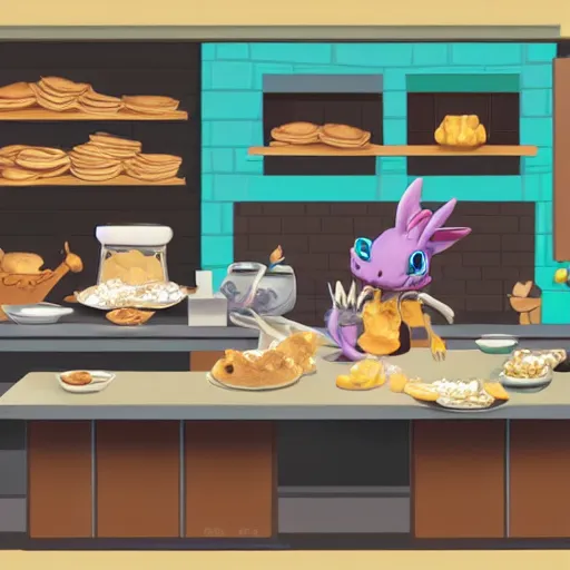 Prompt: a kitchen scene of an extremely cute dragoness kobold chinchilla baking cookies