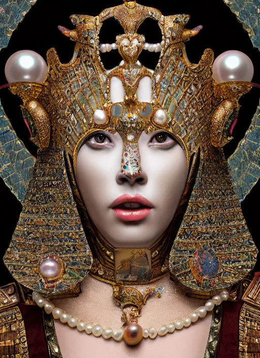 Prompt: hyperrealism, detailed textures, award winning autochrome photo, japanese pearl, beautiful animal pearl queen, kissing a egyptian animal pearl god, pearl silverplate, intricate, detailed facial pearl scary animal mask, pearl, golden jewelery, silverplate, ultra realistic, cinematic, intricate, cinematic light by steve mccurry, unreal engine 8 k