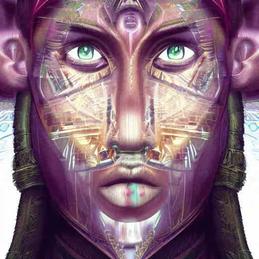 Image similar to portrait of a future metaverse ayahuasca tech shaman warrior, 2 d cartoon, visionary art, symmetric, magick symbols, holy halo, shipibo patterns, sci - fi, concept art, trending on art station, 8 k digital art, by mandy jurgens, fantasy portrait art, anime