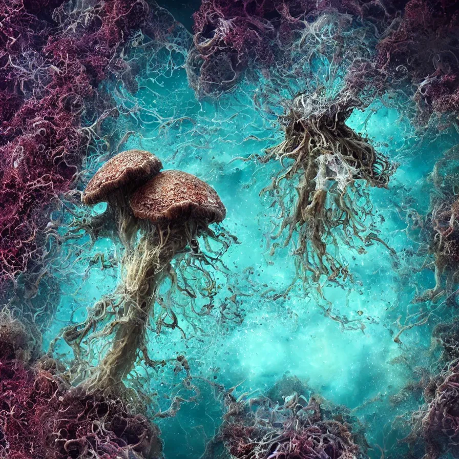 Image similar to a close up of an animal under water, huge living fungal colony, large tryptophobia mushroom, rhizomorphic mycelium hyphae, space nebula look, a microscopic photo by alberto seveso, featured on zbrush central, nuclear art, rendered in cinema 4 d, octane render, polycount, sharp detail