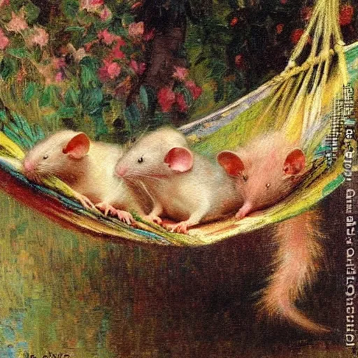 Prompt: Gaston Bussiere painting of two pet rats lounging inside a hammock, soft lighting