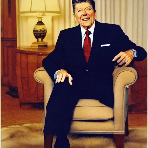 Image similar to [ ronald reagan sitting in chair... tiger lying at his feet ]