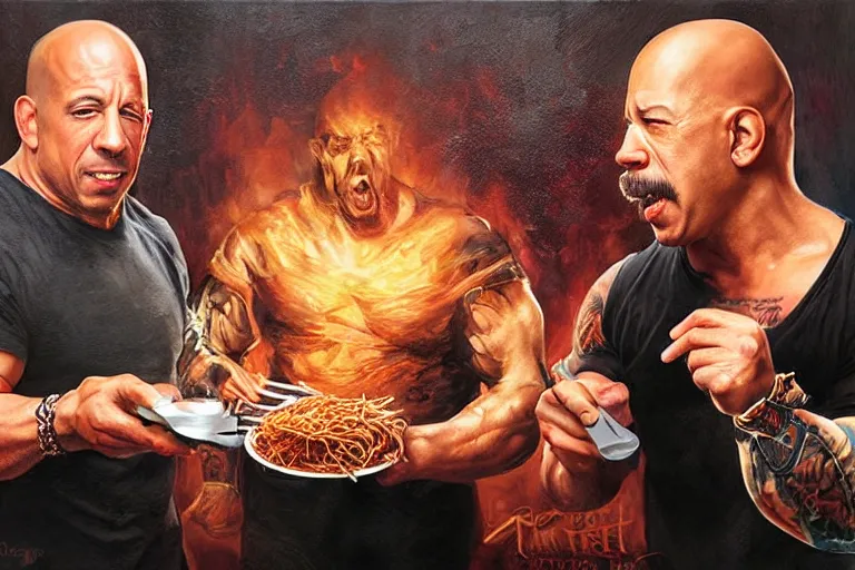 Prompt: portrait of vin diesel and danny trejo sharing spaghetti, an oil painting by ross tran and thomas kincade