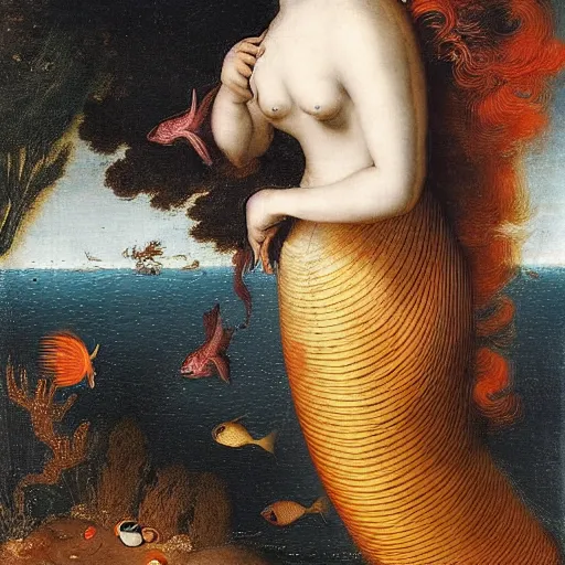 Prompt: rich by john martin, by ambrosius bosschaert. a beautiful mixed mediart of a mermaid swimming in the ocean. her long, flowing hair streams behind her as she gracefully navigates the water. a coral reef & colorful fish can be seen in the background.