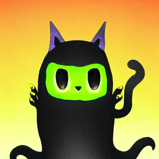 Image similar to digital art of cute black slime monster in form of slime cat with yellow glowing eyes, Digital 2D