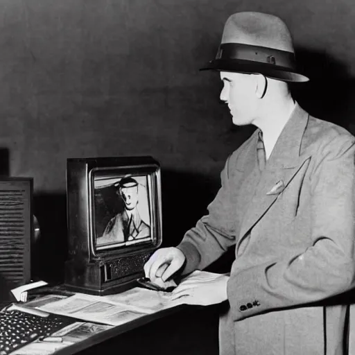 Image similar to a newspaper photograph from the year 1942 or a time traveler appearing in front of a stunned crowd, the time traveler holds a computer