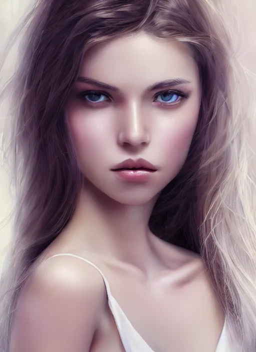 Prompt: gorgeous female photo, professionally retouched, soft lighting, realistic, smooth face, full body shot, torso, perfect eyes, intriguing look, enticing, romantic, agitated appearance, untidy, playful, sharp focus on eyes, 8 k, high definition, insanely detailed, intricate, elegant, art by artgerm and j scott campbell