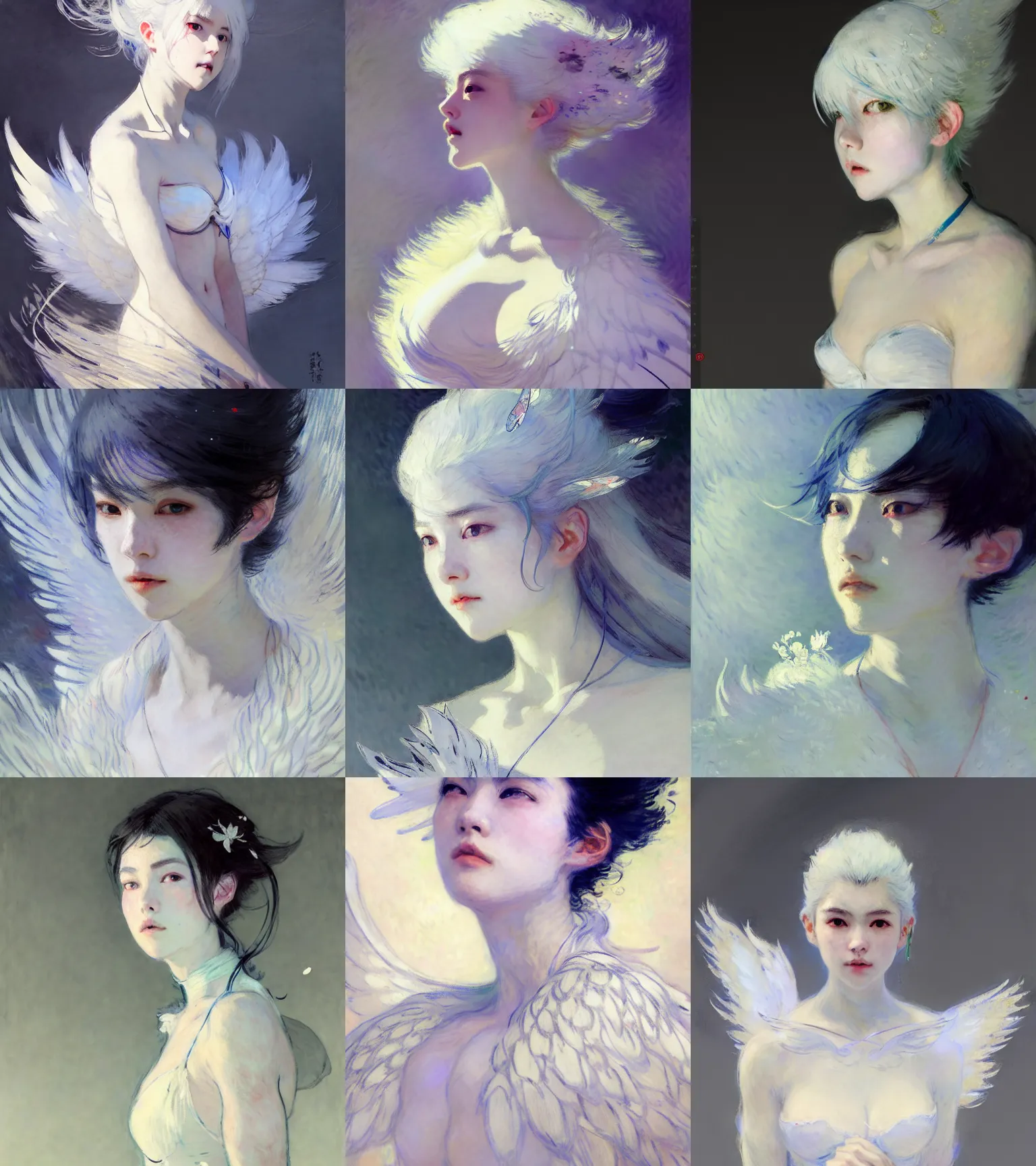 Prompt: character design by claude monet, jakub rebelka, tran nguyen, yoann lossel, wadim kashin ( ( ( portrait of a white haired cute japanese girl with white wings in a white elegant bra ) ) ) sharp edges. ultra clear detailed. 8 k. ultra detailed, elegant, intricate,