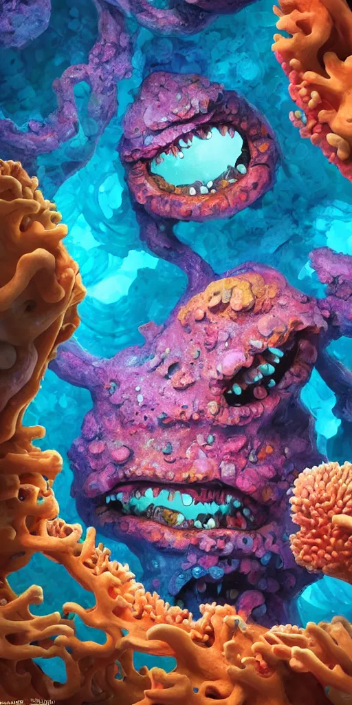 Image similar to of a colorful deep sea cave with strange cute friendly happy creatures with huge eyes, mouth, long tongue and round teeth appearing from sandy coral, in the style of gehry and gaudi, macro lens, shallow depth of field, ultra detailed, digital painting, trending artstation, concept art, illustration, cinematic lighting, photorealism, epic, octane render