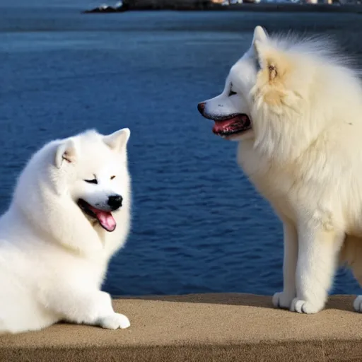 Prompt: A photo of a Samoyed dog with its tongue out hugging a white Siamese cat