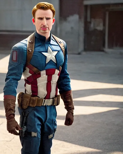 Prompt: film still close - up shot of radios finest chris evans as captain america from the movie captain america : the first avenger. photographic, photography