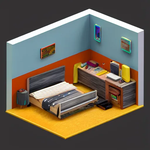 Image similar to miniature diorama isometric bedroom, ultimate rgb gaming computer, blender cycles, octane 3 d