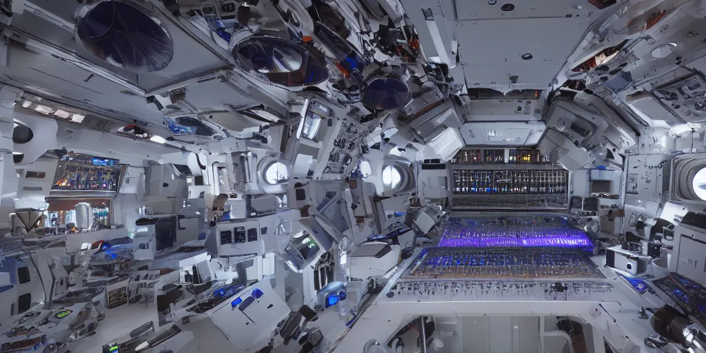 Prompt: giant speaker system music studio in the interior of an international space station. antimatter vacuum chamber particle accelerator robotic mecha modular synthesizer. photorealistic 35mm 4k cgsociety