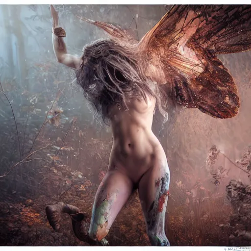 Prompt: full body pose, hyperrealistic mixed media painting of beautiful wood nymph, dim volumetric lighting, 8 k, octane beautifully detailed render, extremely hyper detailed, intricate, epic composition, cinematic lighting, masterpiece, trending on artstation, very very detailed, masterpiece, stunning, hdr, smooth, sharp focus, high resolution, award, winning photo, dslr, 5 0 mm