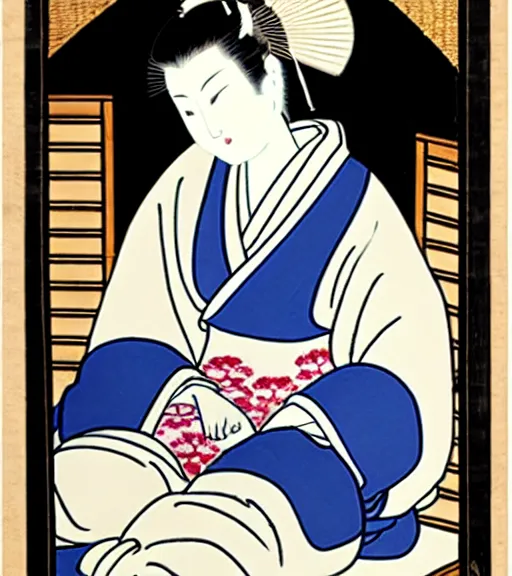 Prompt: madonna the singer in a beautiful kimono holding in her hand a fan, sitting on the floor next to a black and white playing cat, in the background a folding screen with blue irises and a window with bamboo. in the style of bijin - ga.