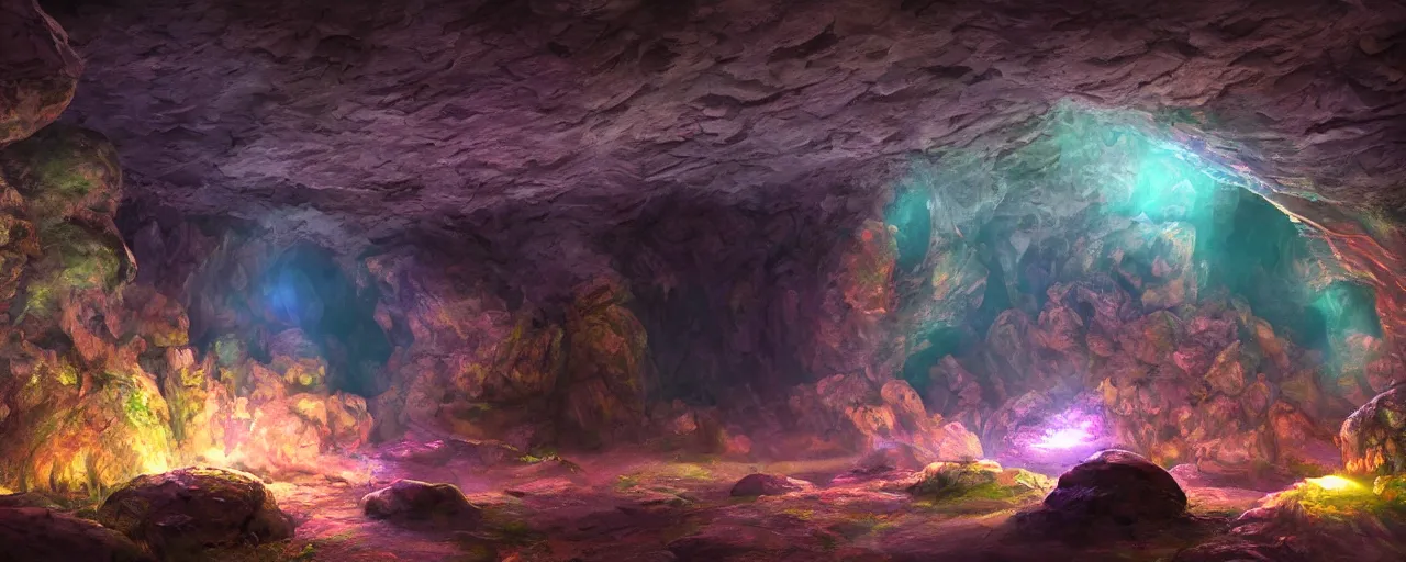 Prompt: mystical secret cave full of radioactive gems carved on rock, under a sunlight beam from the surface hole, drammatic light, volumetric light, sunset enviroment, shadow effect, surrealism, beautiful, trending on artstation, best photography, full of details 8 k, high quality, wide view