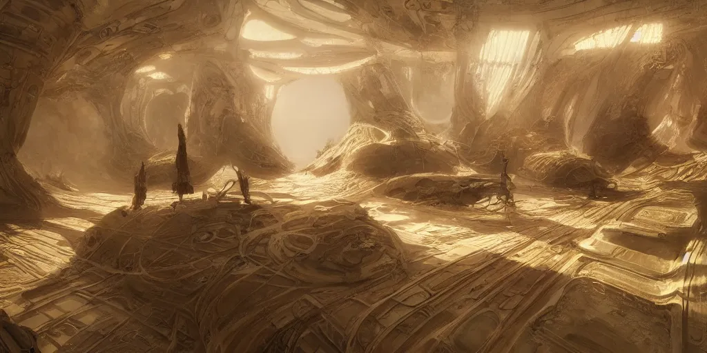 Image similar to luxury apartment interior, dune movie, intricate, elegant, highly detailed, john park, craig mullins, sparth, ruan jia, jeffrey catherine jones