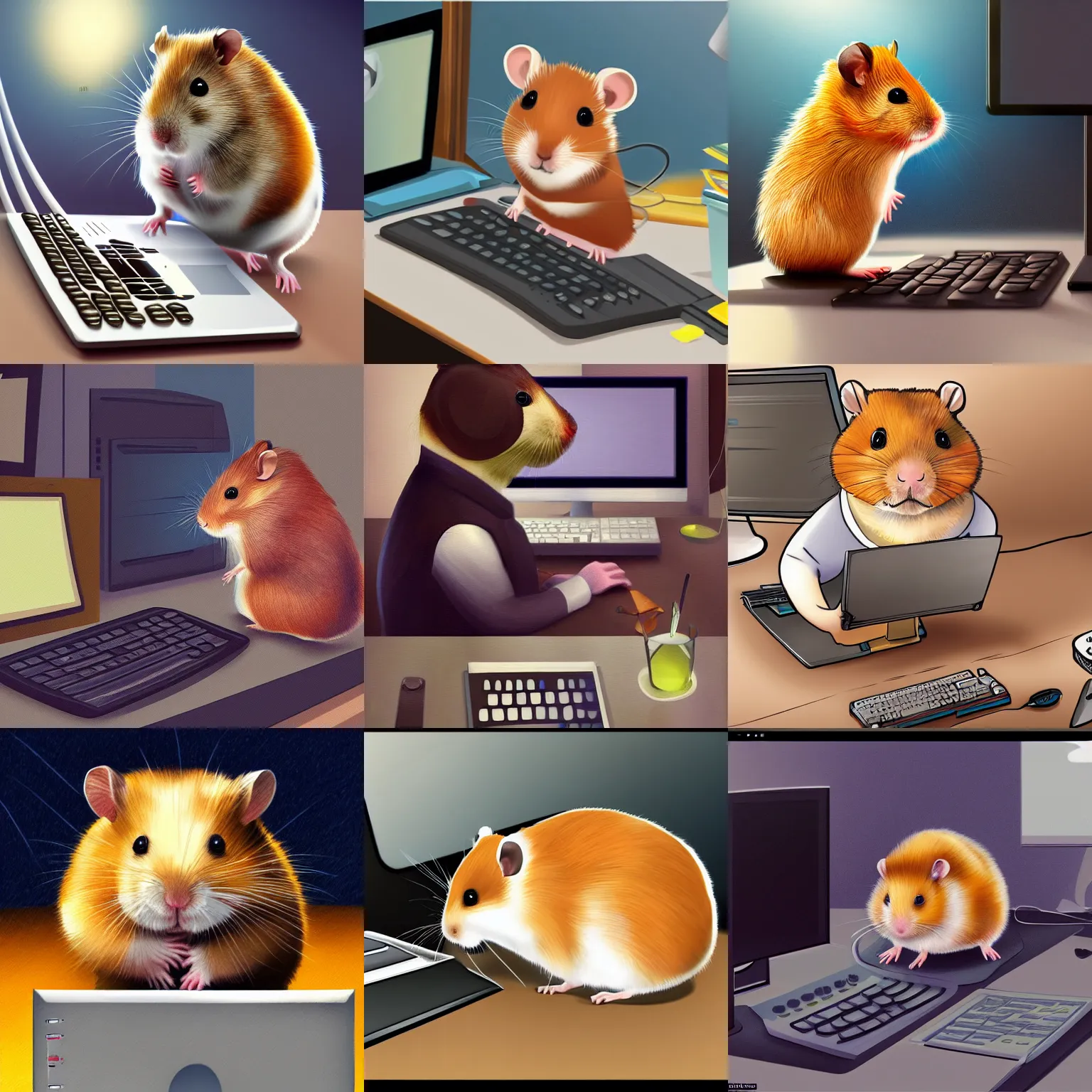 Prompt: a digital painting of a hamster working behind a computer. very detailed. artstation. award winning. digital art.