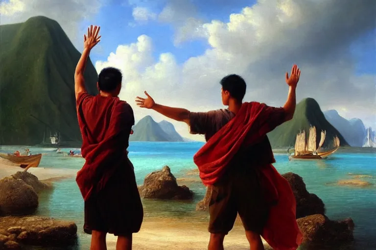 Image similar to ( ( a beautiful 8 k photorealistic masterpiece oil painting ) ( of ( man who is leaving the mainland to go to a new island, waving to the mainlanders ) ( the inhabitants of the new island look at the man, serious in the background, on their island ) ) ( hyperrealism ) ( 1 6 k ) ( trending on artstation )