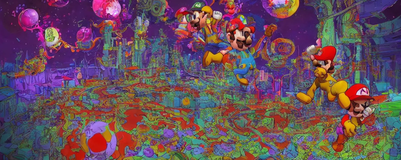 Prompt: ultra detailed surreal moebius 2 d illustration of super mario having psychedelic acid trip on lsd hypnotic fractals by moebius and sergey kolesov and ruan jia and heng z. graffiti art, scifi, fantasy, hyper detailed. octane render. concept art. trending on artstation