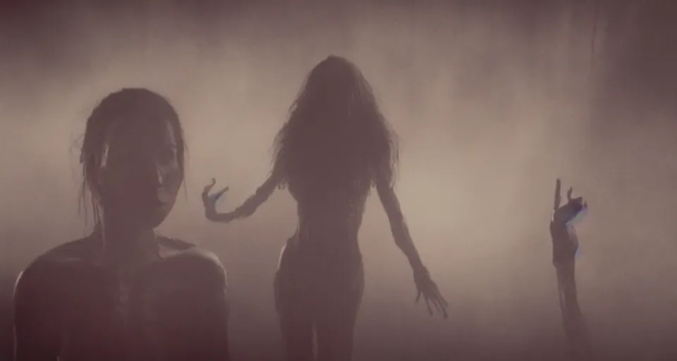 Image similar to Horror film, cinematic tones. Scene where an alien attacks a woman.