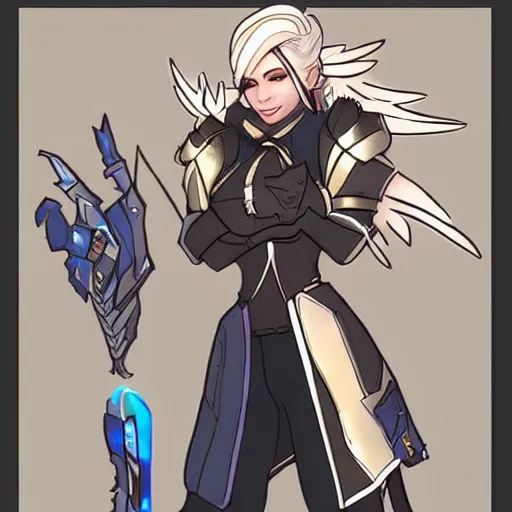 Prompt: concept art, detailed line - art, mercy from overwatch, raven skin concept