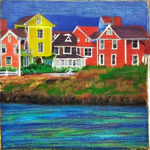 Image similar to “an idyllic, charming New England town by the seaside with colorful buildings, oil pastel”