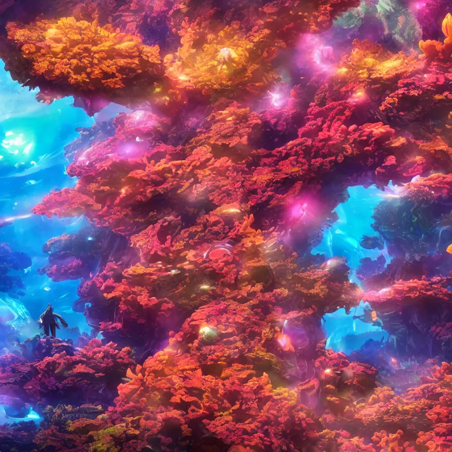 Image similar to album art, anime visuals, of an alien planet made out of different coloured corals, with big starfish, creatures, rocky landscape, floating waterfalls, omni magazine, cinematic lighting, detailed