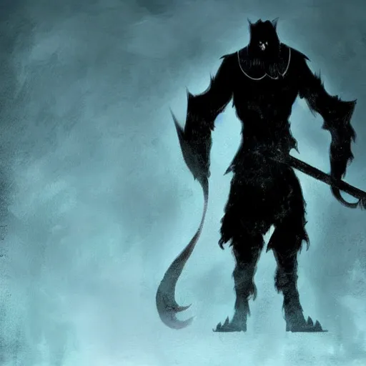 Prompt: fantasy art sillohuette character with scythe standing in for ground, menacing werewolf in background, intense, stunning, unsettling ( dark colors ) ( mist )