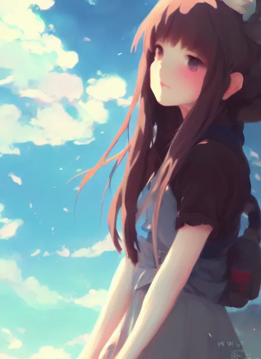 Prompt: portrait of cute girl, cloudy sky background lush landscape illustration concept art anime key visual trending pixiv fanbox by wlop and greg rutkowski and makoto shinkai and studio ghibli