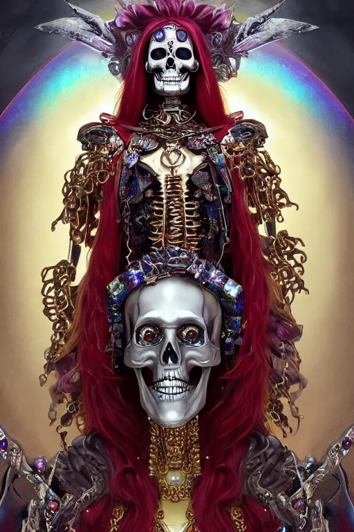 Image similar to androgyne lich skeleton made of iridescent metals and shiny gems covered with blood, long red hair, golden necklace, ultra realistic, concept art, intricate details, highly detailed, photorealistic, octane render, 8 k, unreal engine. dnd art by artgerm and greg rutkowski and alphonse mucha