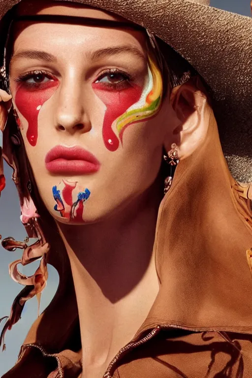 Image similar to dolce & gabbana campaign featuring jar jar binks as a female cowgirl, long eyeslashes, huge juicy lips, big seductive eyes, unprocessed colors, # nofilter, realistic vfx simulation