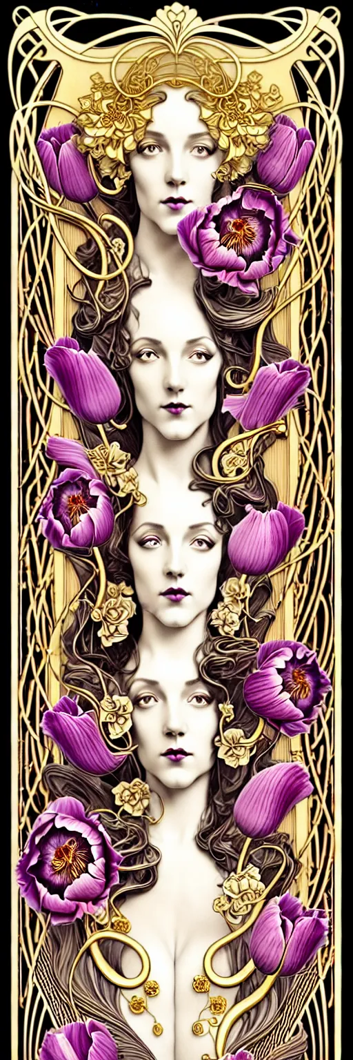 Prompt: the source of future growth dramatic, elaborate emotive Art Nouveau styles to emphasise beauty as a transcendental, seamless pattern, symmetrical, large motifs, hyper realistic, 8k image, 3D, supersharp,Art nouveau 3D curves and swirls, Glass and Gold pipes, long wavy hair, vibrant watercolor tulip and peony flowers satin ribbons pearls and gold chains, iridescent and black and shiny gold colors , perfect symmetry, iridescent, High Definition, Octane render in Maya and Houdini, light, shadows, reflections, photorealistic, masterpiece, smooth gradients, no blur, sharp focus, photorealistic, insanely detailed and intricate, cinematic lighting, Octane render, epic scene, 8K