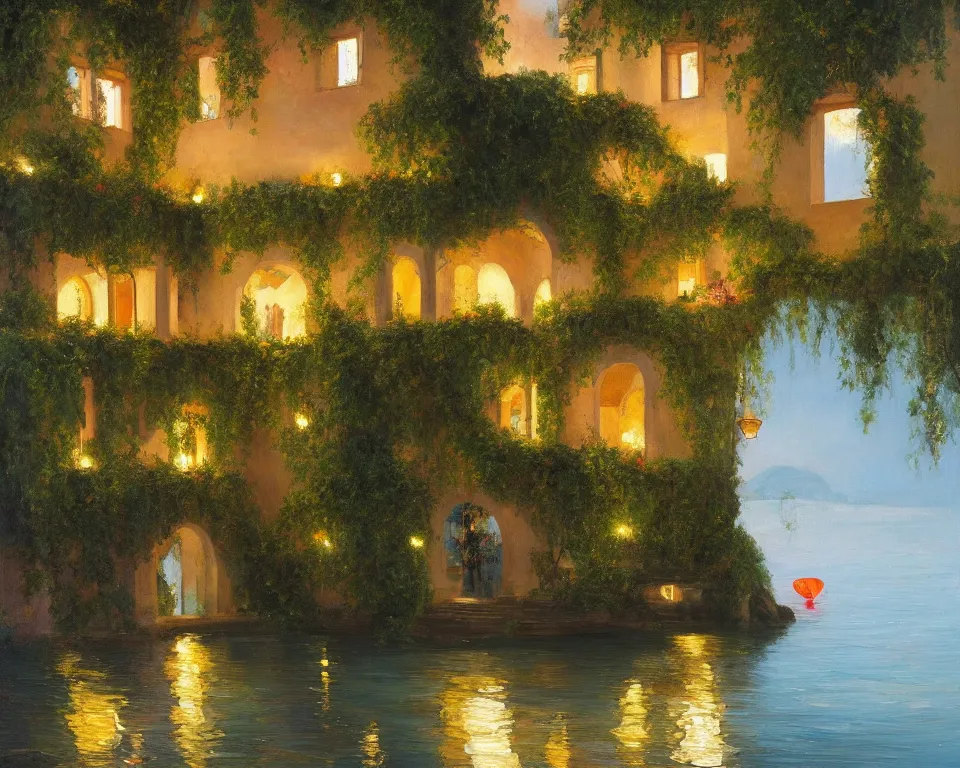 Prompt: an achingly beautiful oil painting of a vibrant Mediterranean villa, lit by glowing lanterns and covered in ivy, on the shores of Lake Como by Raphael and Hopper. detailed, romantic, trending on artstation.