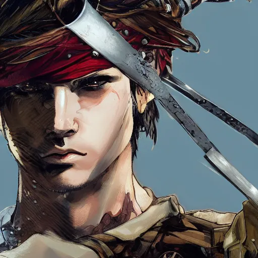 Image similar to portrait of a young white hero using his right arm to hold his sword covering his eye illustrated by yoji shinkawa, high quality, extra details, realism, ornate, colored, golden chain, blood, white skin, short hair, brown eyes, vivid, sunlight, red headband, black eyepatch, white american soldier, painting, cybernetics, military