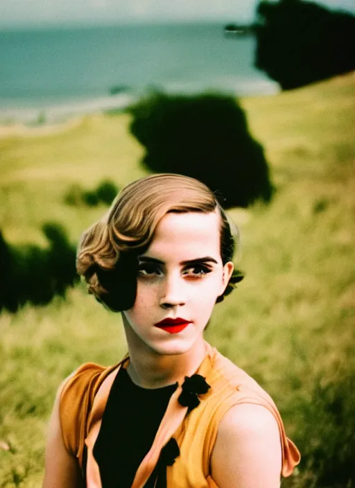 Prompt: Retro color photography 1930s portrait of Emma Watson Cinestill 800T, 1/2 pro mist filter, and 65mm 1.5x anamorphic lens