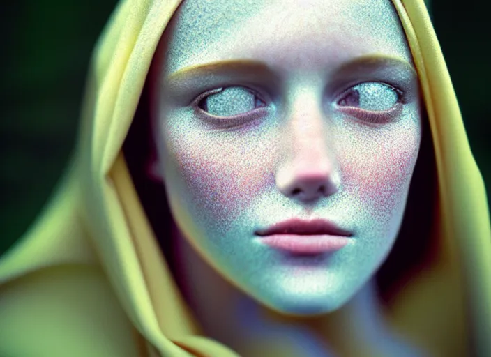 Image similar to kodak portra 4 0 0, 8 k, soft light, volumetric lighting, highly detailed, britt marling style 3 / 4, haunting portrait photo of the virgin mary, highly detailed face, inspired by ophelia paint, glowing halo, of light, realistic, refined, beautifully detailed, natural outdoor soft pastel lighting colors scheme, outdoor fine art photography, hyper realistic, photo realistic