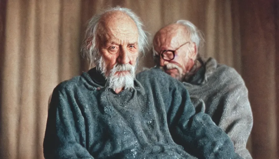 Image similar to movie still by tarkovsky portrait of an old man with trypophobia, cinestill 8 0 0 t 3 5 mm, heavy grain, high quality, high detail