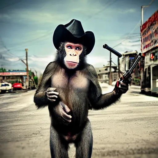 Image similar to realistic photo, a monkey holding a gun dressed as a cowboy, post apocalyptic city