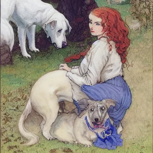 Image similar to pretty girl with curly blonde hair pets a white pitbull sitting next to her, painting by rebecca guay