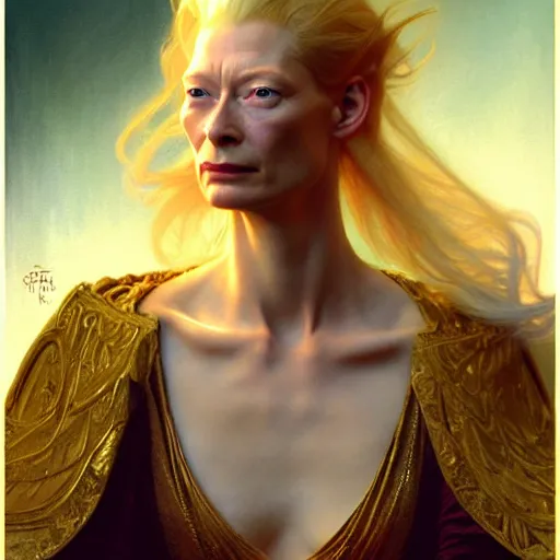 Image similar to young adult tilda swinton as lucifer morningstar, long blond hair, natural lighting, path traced, highly detailed, high quality, digital painting, by gaston bussiere, craig mullins, alphonse mucha j. c. leyendecker