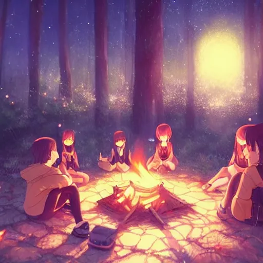 Prompt: very beautiful cute girls sitting around campfire at night, fantastic details, eyes, anime art, trending on artstation, pixiv, makoto shinkai, manga cover